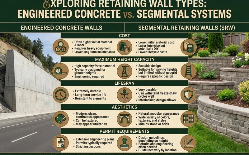 Comparison infographic for engineered concrete vs segmental retaining walls