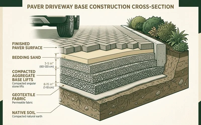 Cross-section of paver driveway base with labeled layers