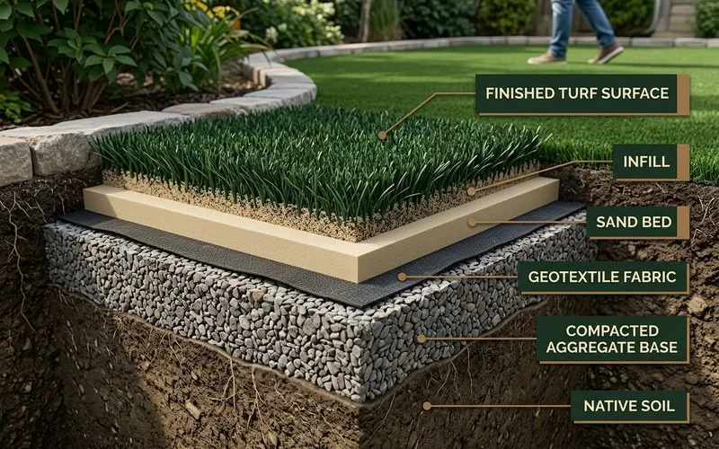 Cross-section diagram of turf install layers: soil, geotextile, base, infill, turf