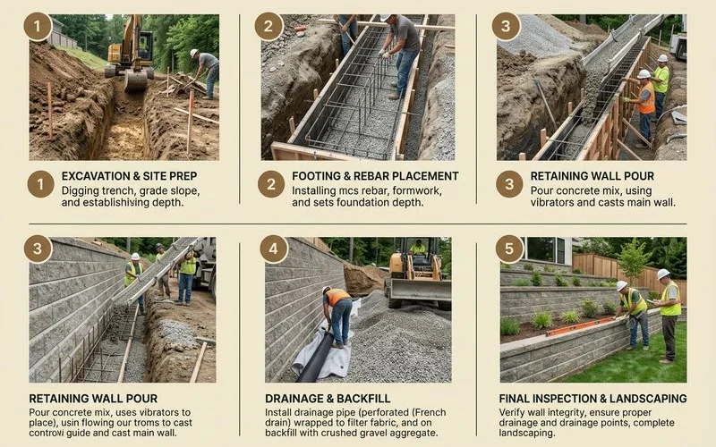 Five-stage infographic of the retaining wall build sequence
