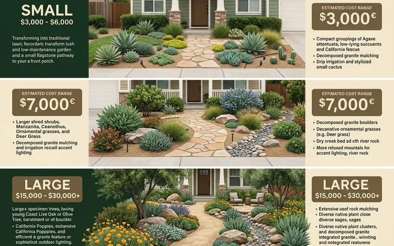 Three-tier visual showing small, medium, and large drought-tolerant front yards with cost ranges