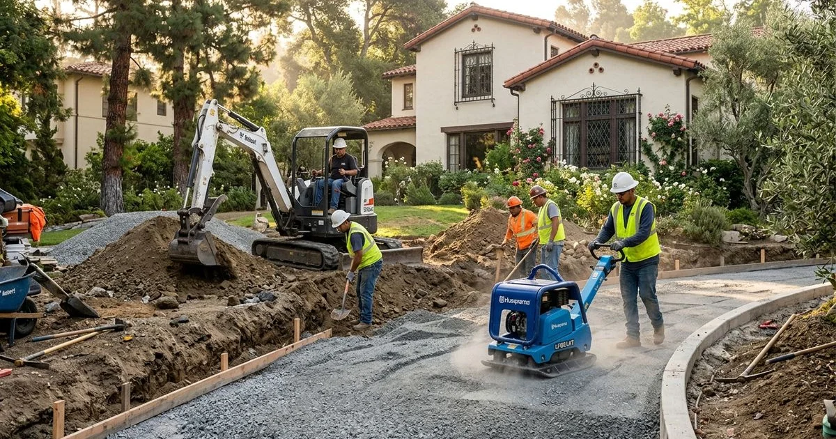 Crew excavating and compacting aggregate sub-base for a paver driveway in San Marino