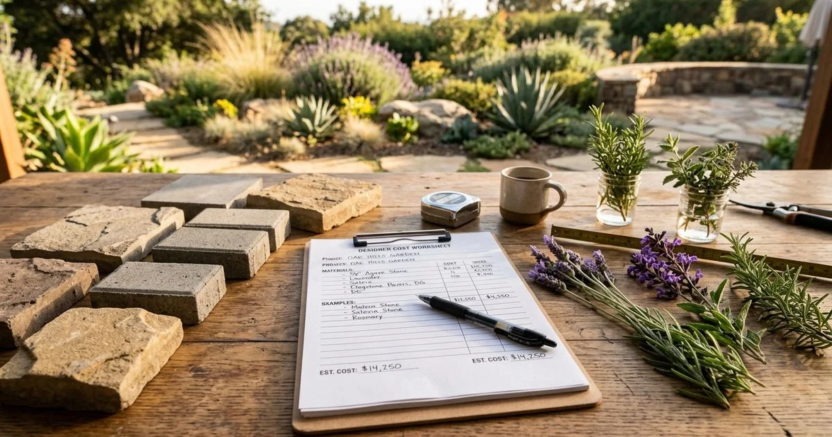 Designer's cost worksheet on a wood table with paver and plant samples