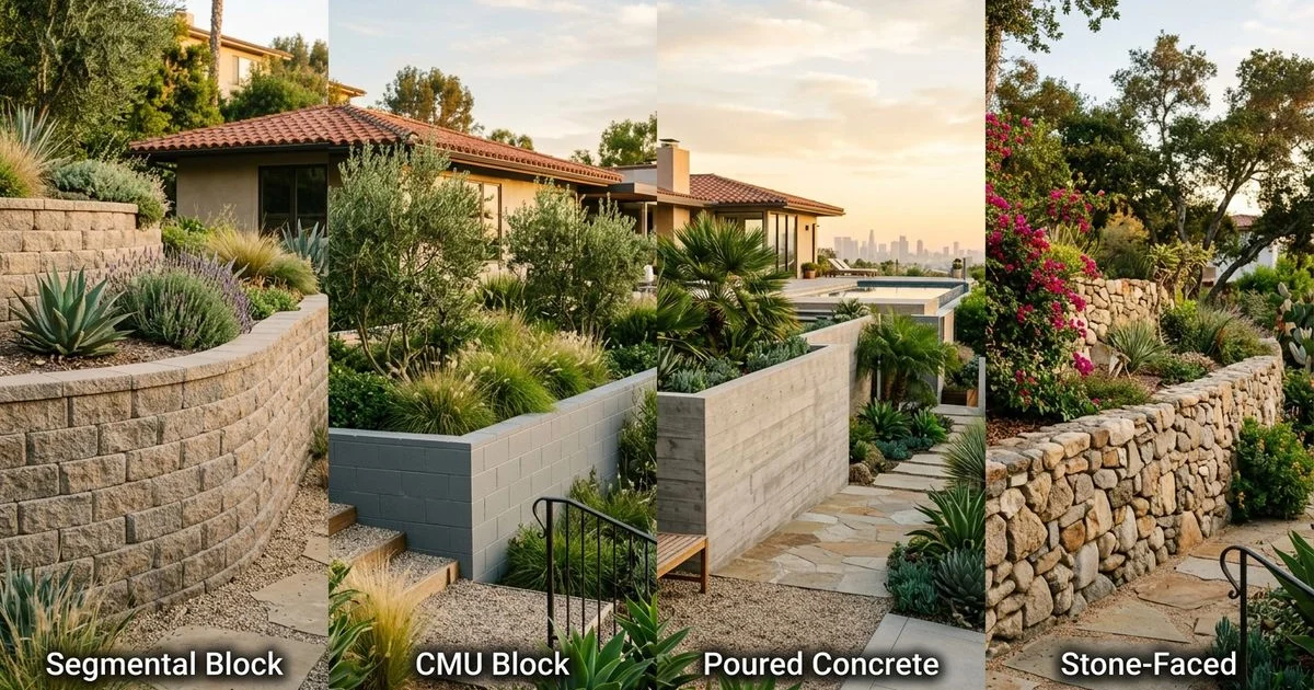 Four retaining wall types compared — segmental, CMU, poured concrete, stone-faced