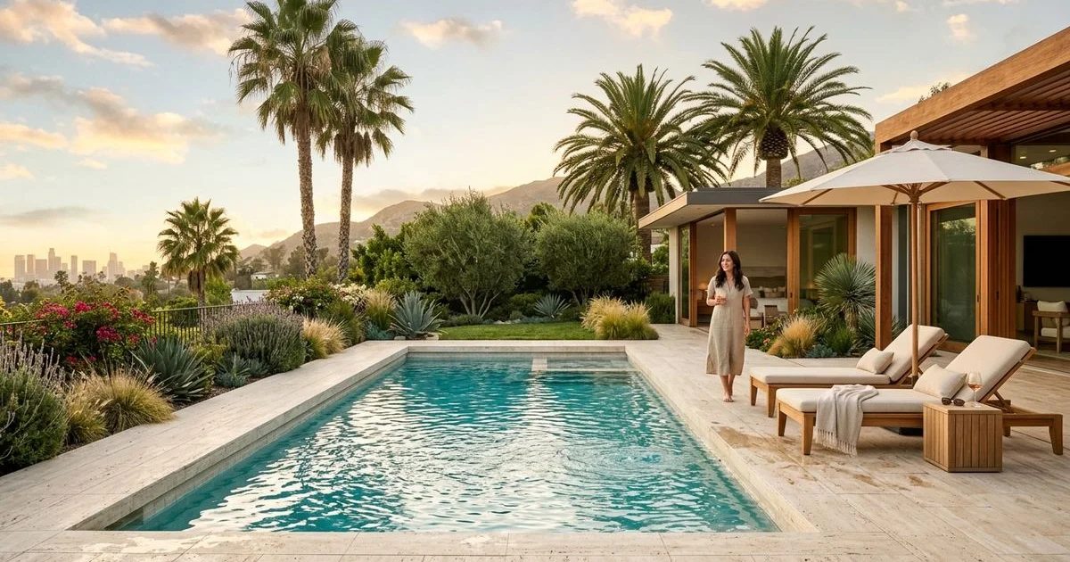 LA backyard pool with light-toned travertine pool deck pavers