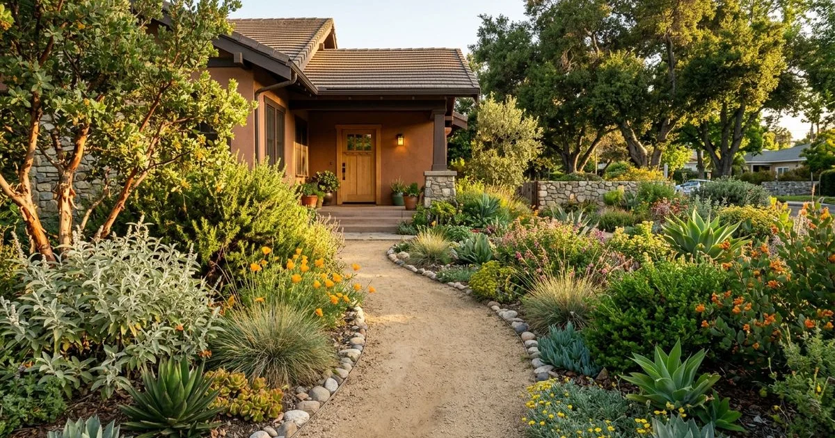 Mature drought-tolerant front yard in Pasadena with California natives and decomposed granite path