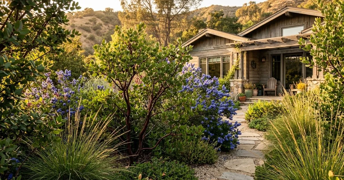 Mature California native garden in Pasadena foothills with manzanita, ceanothus, and deer grass
