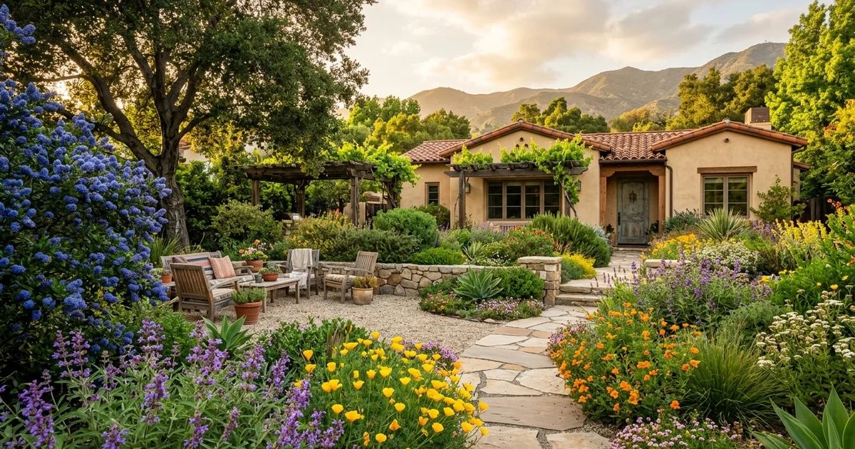Mature designed drought yard with full plant coverage in bloom at golden hour