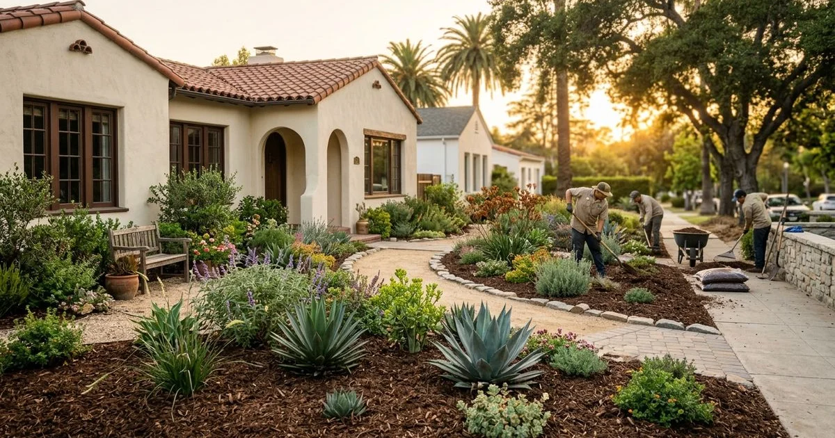 Mature drought-tolerant front yard replacing former lawn in Pasadena