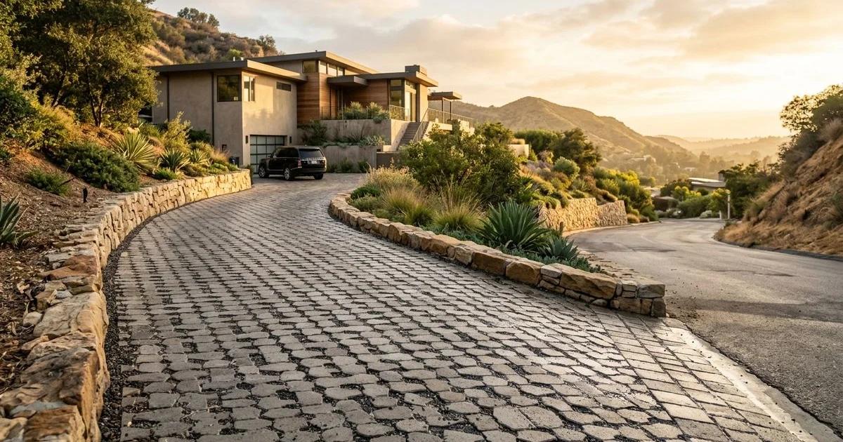 Permeable paver driveway absorbing stormwater at a Glendale hillside home
