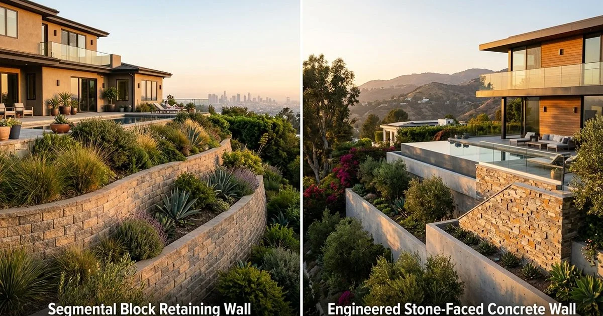 Side-by-side comparison of segmental retaining wall and engineered stone-faced concrete wall