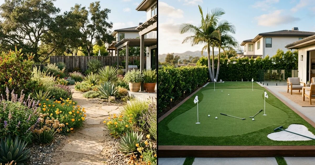 Split-screen comparison of a native drought garden and an artificial putting green in an LA backyard