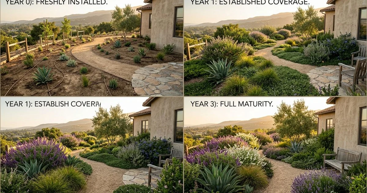 Three-panel year-by-year photos of the same drought garden at install, year one, and year three maturity
