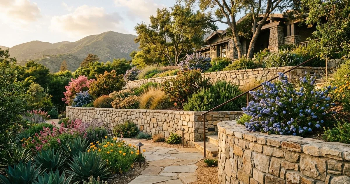 Three-tier terraced hillside in La Cañada Flintridge with stone-faced walls and drought-tolerant planting