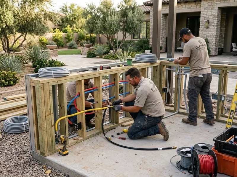 Crew running gas, water, and electrical rough-ins for an outdoor kitchen