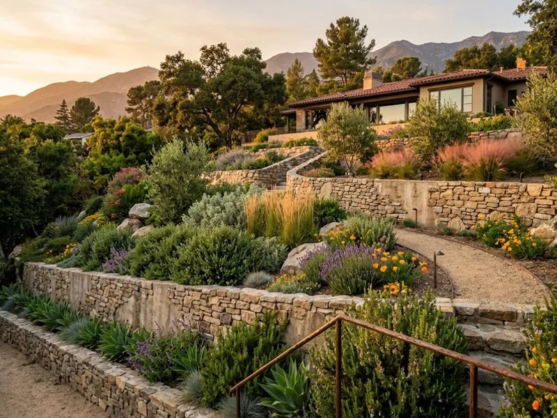 Hillside terracing with stepped retaining walls in Altadena