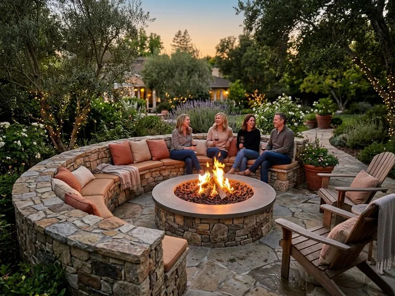 Round gas fire pit with stone seat wall in San Marino