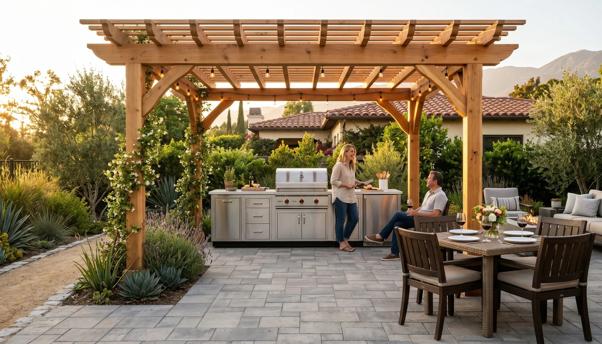 Custom Belgard paver patio with pergola and outdoor kitchen in Pasadena