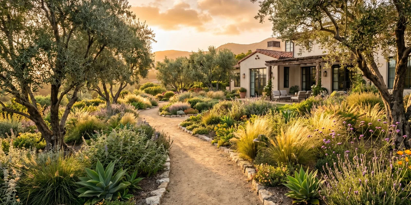 Sweeping view of a Beverly Hills drought-tolerant landscape with Mediterranean shrubs and decomposed granite path